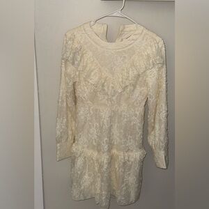 Women's Cream Lace Mini Dress - Elegant Long Sleeve
